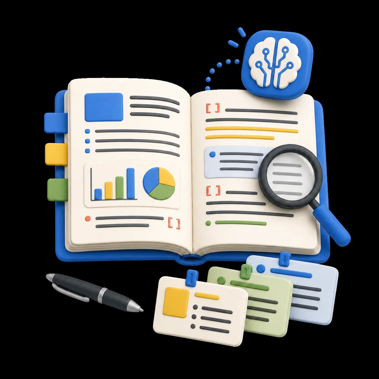 Colorful 3D illustration of an open research paper with charts, citation markers, a magnifying glass, and note cards