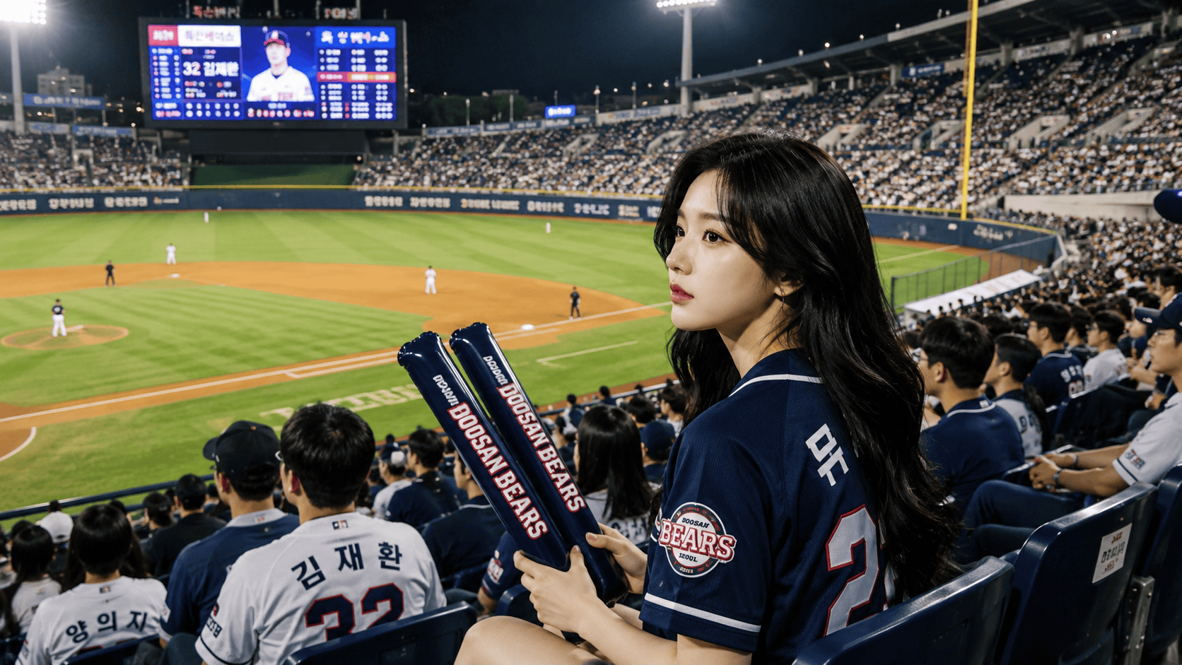 Wide KBO stadium fan cam with cheering sticks and baseball field