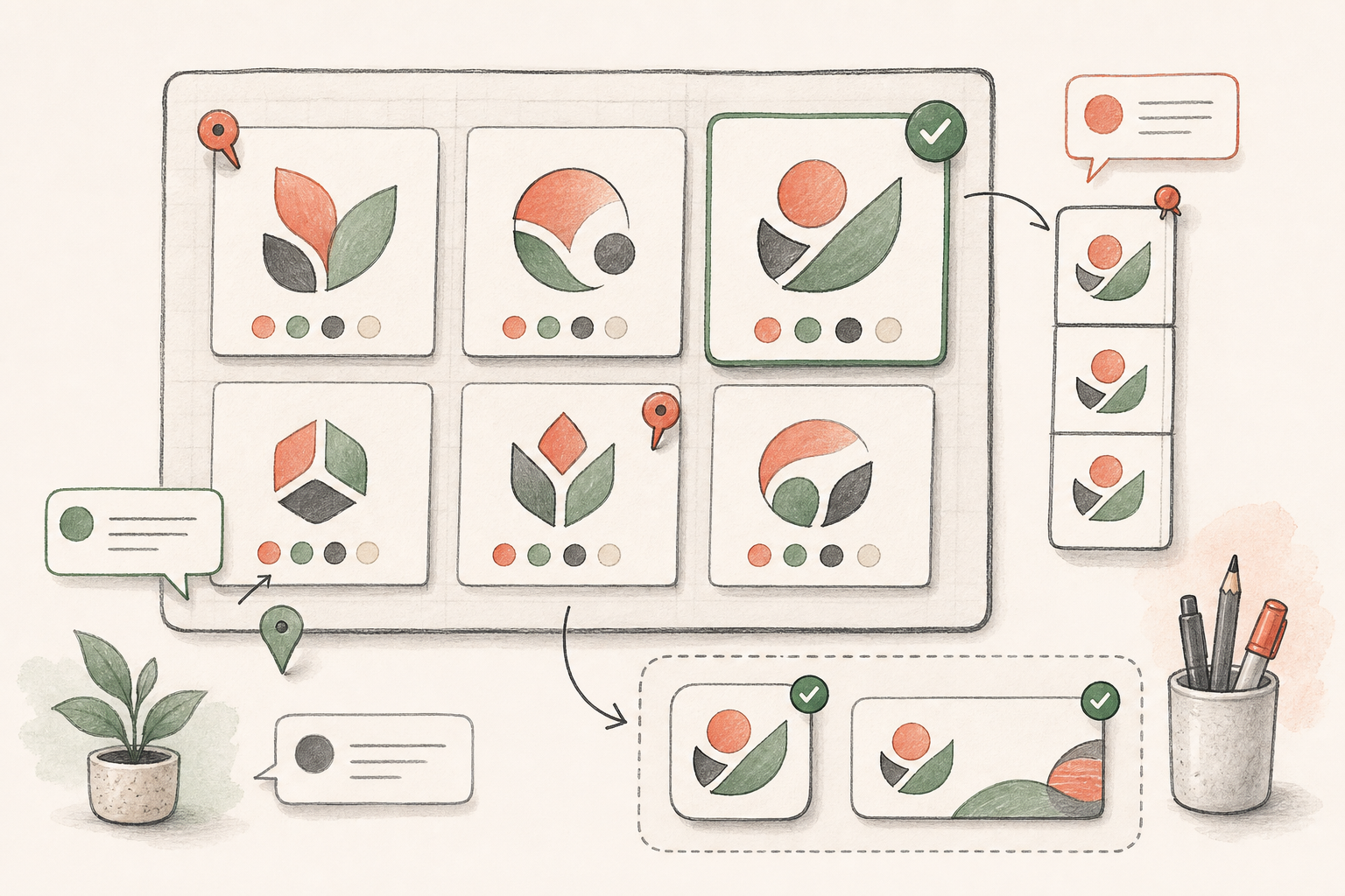 Hand-drawn AI logo generator artifact board with saved logo concepts, selected variants, comments, and reusable brand asset tiles.