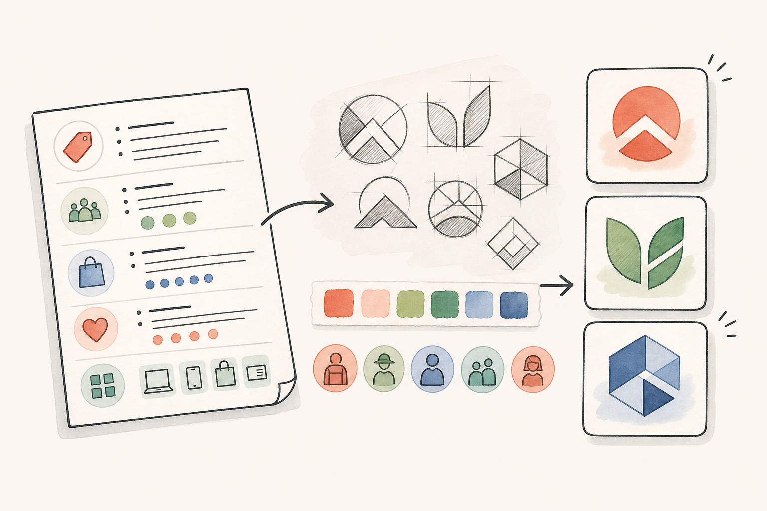 Hand-drawn AI logo generator scene with a brand brief, symbol sketches, color swatches, audience icons, and logo concept cards.