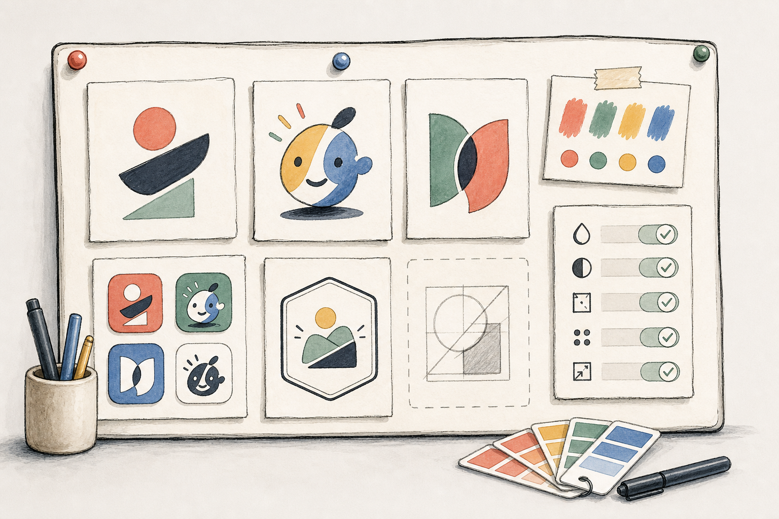 Hand-drawn AI logo generator style board with logo direction tiles, color swatches, format checks, and selected variants.