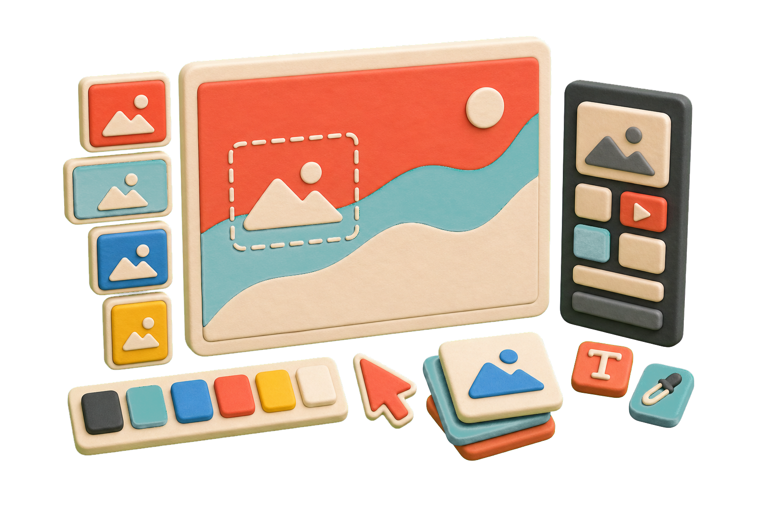 Hand-drawn AI banner maker scene with a brand brief, symbol sketches, color swatches, audience icons, and banner concept cards.