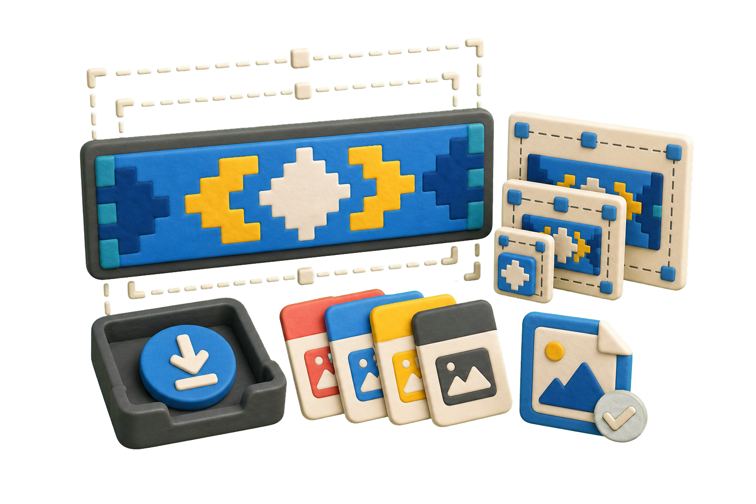 Hand-drawn AI banner maker artifact board with saved banner concepts, selected variants, comments, and reusable brand asset tiles.