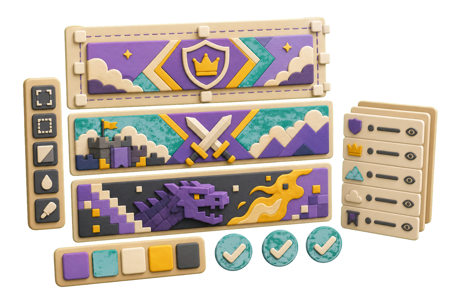 Hand-drawn AI banner maker style board with banner direction tiles, color swatches, format checks, and selected variants.