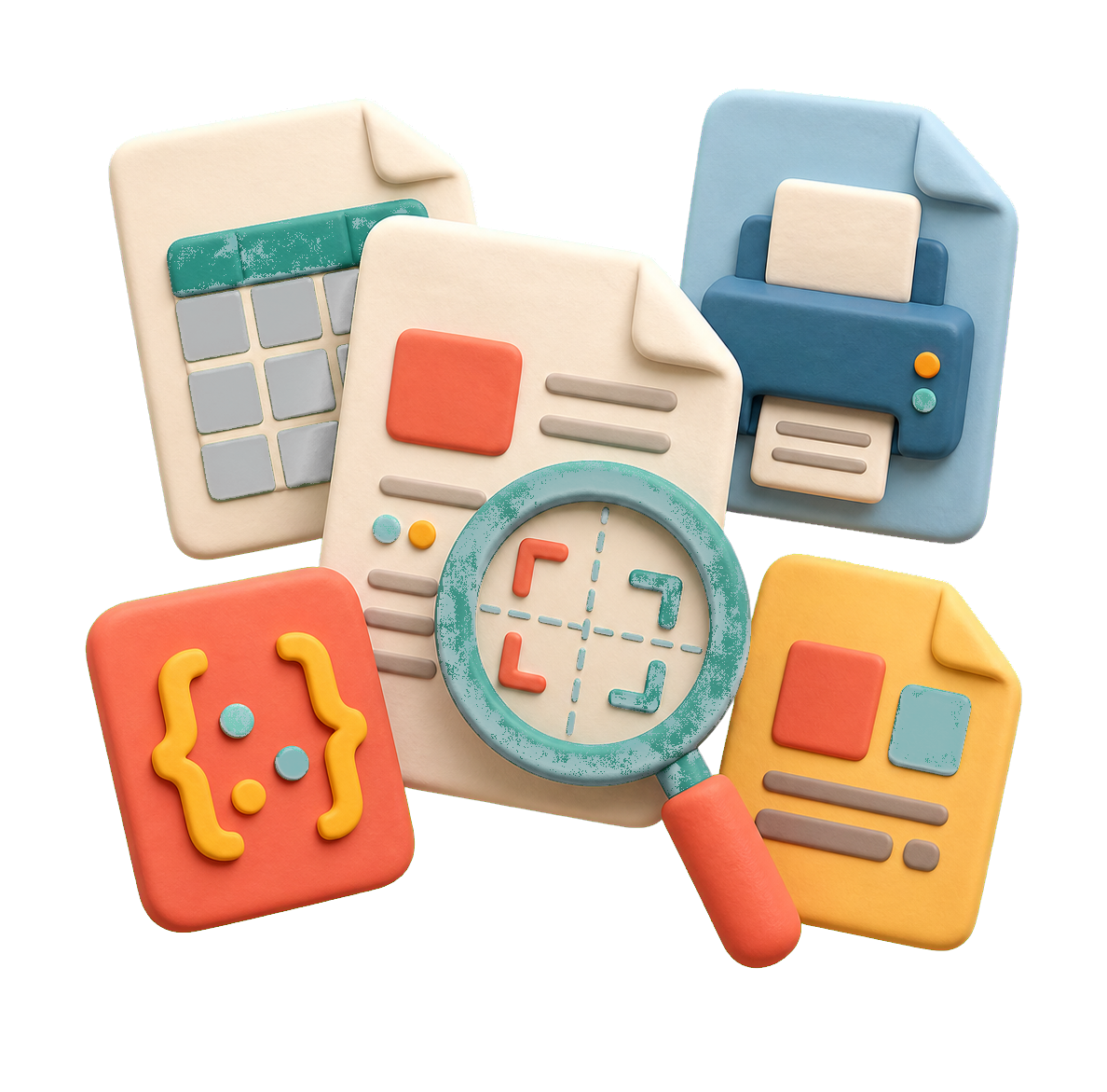 3D clay illustration of documents, JSON, spreadsheet, printing, and a magnifying glass.