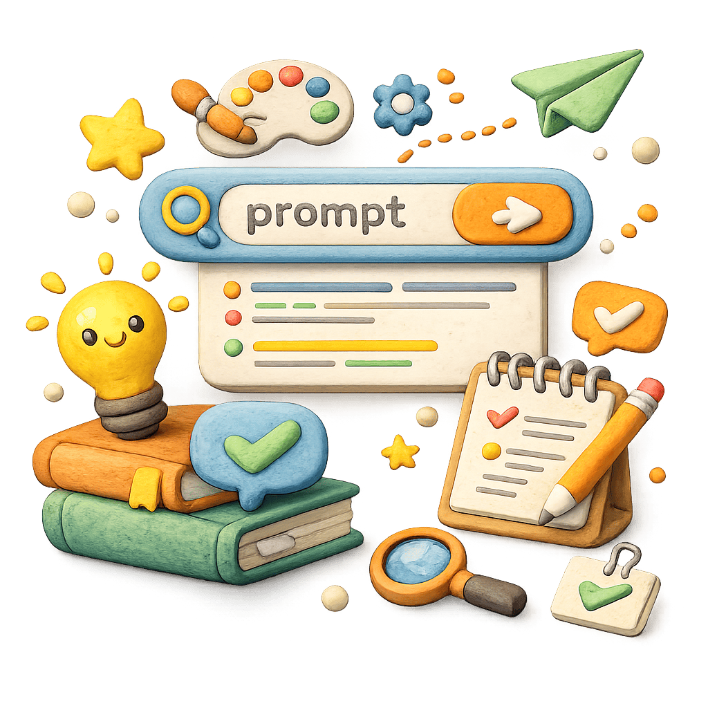 Hand-drawn prompt creation illustration with a code laptop, light bulb, brain, paper airplane, and image inspiration elements.