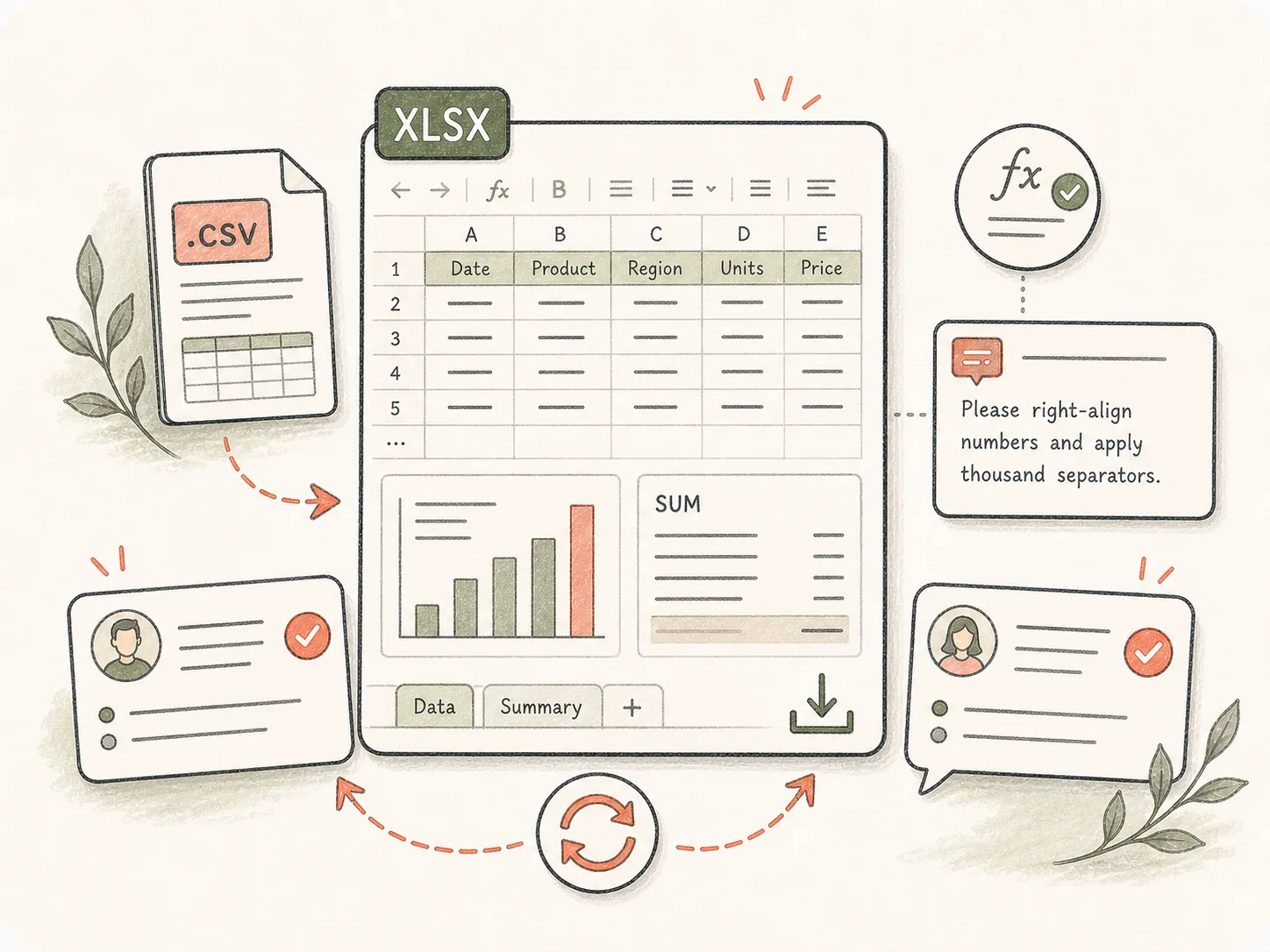 CSV to Excel artifact scene showing a polished XLSX workbook with charts, summary sheet, and comments.