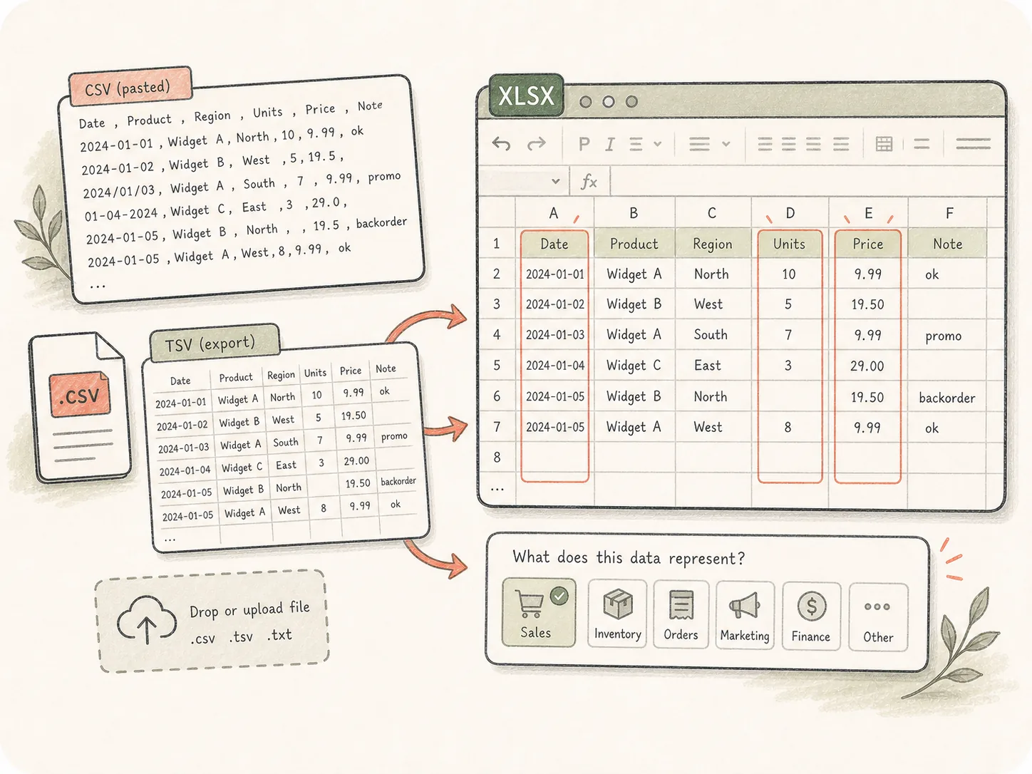 CSV to Excel workflow showing a raw CSV table flowing into a formatted workbook grid.