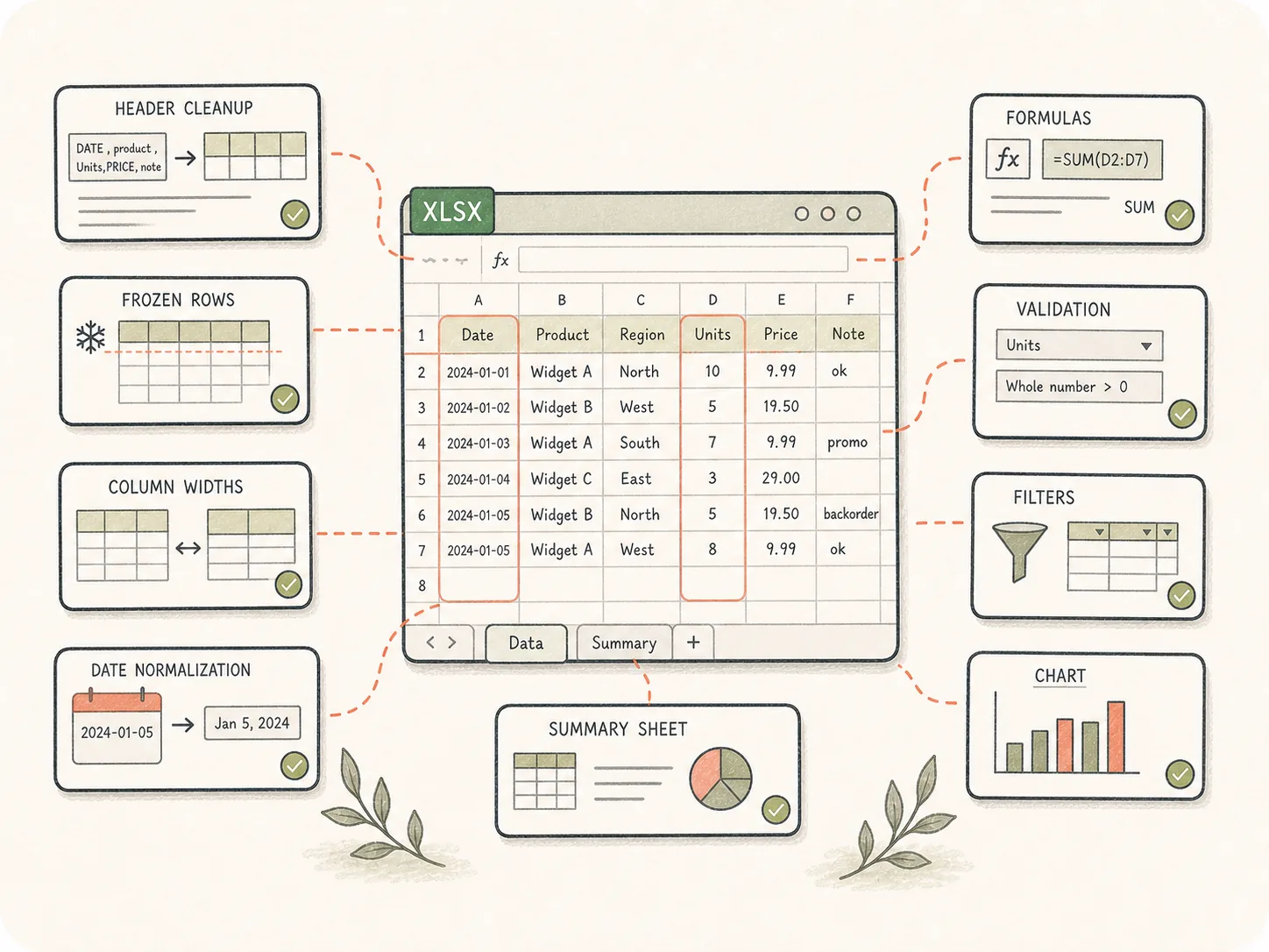 CSV to Excel review scene showing cleanup controls, formulas, filters, and summary chart notes.