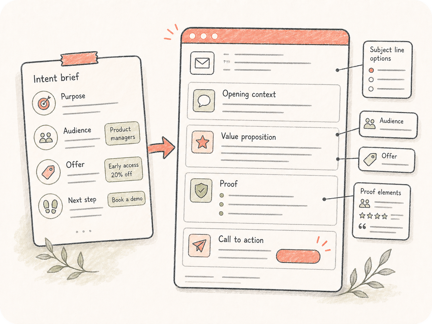 Hand-drawn AI email generator workflow showing an intent brief becoming a structured email draft with subject options, audience, offer, proof, and CTA cues.