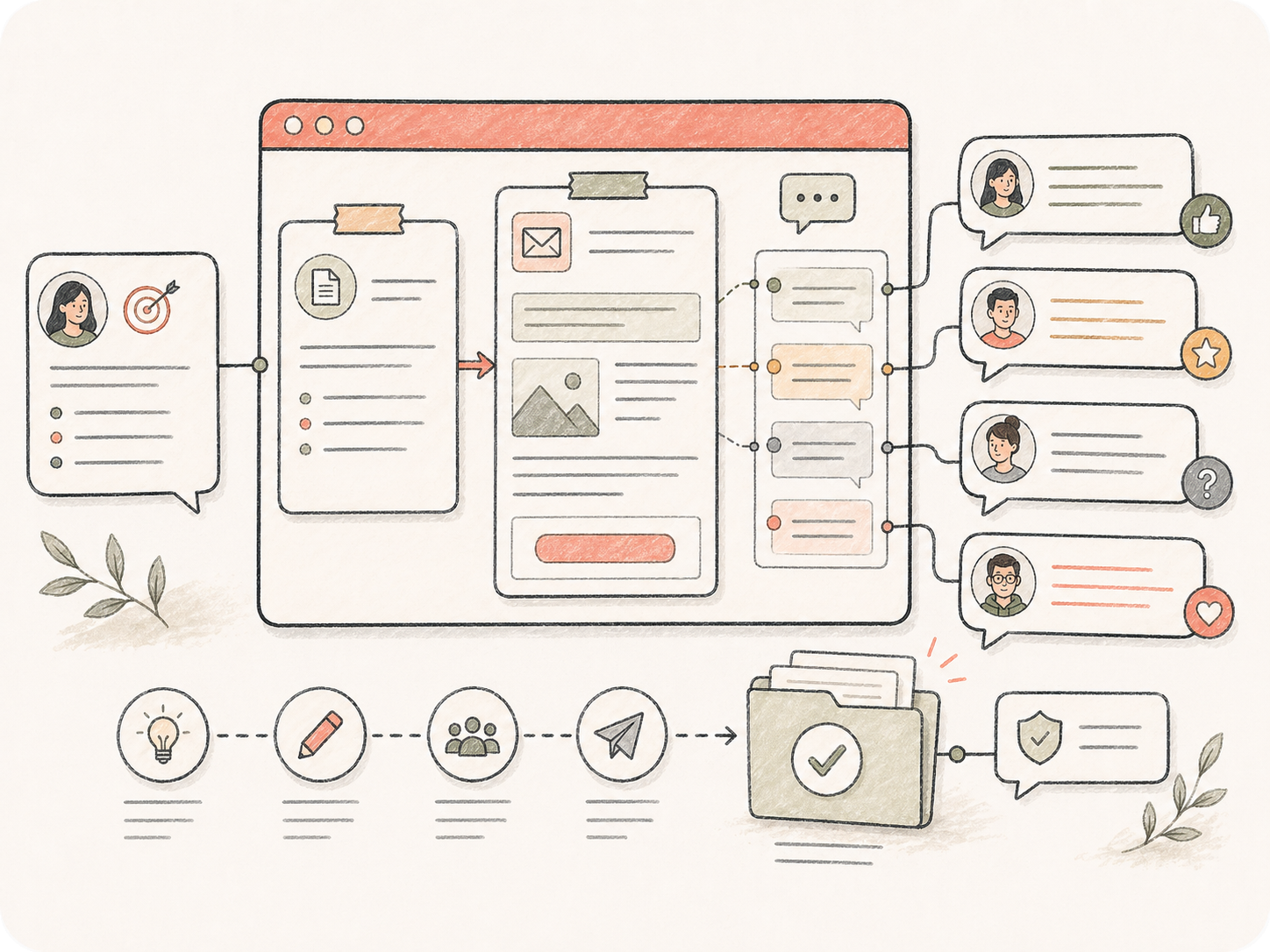 Hand-drawn team email review workflow showing a brief, draft, comments, role avatars, and an approved version folder.