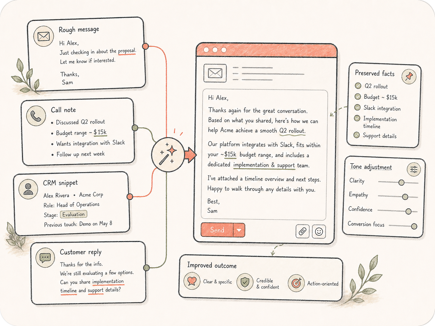 Hand-drawn email rewrite workflow showing a rough message, call note, CRM snippet, and customer reply becoming a polished draft with fact pins and tone controls.