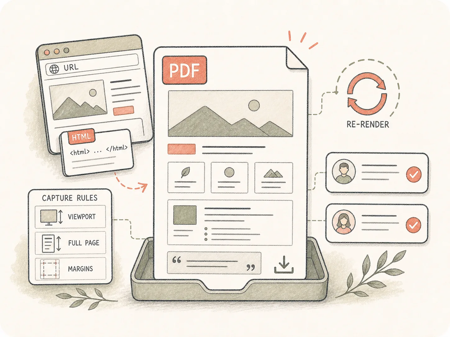 HTML to PDF artifact scene showing a rendered webpage saved as a PDF with review comments.