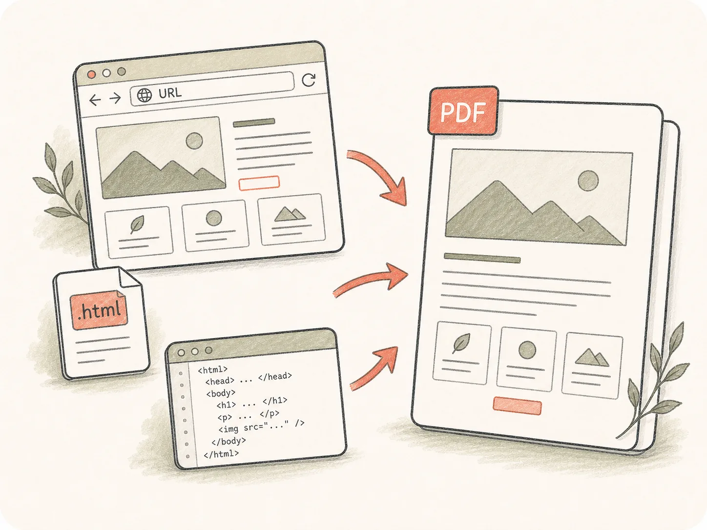 HTML to PDF workflow showing a browser page, HTML file, and generated PDF output.