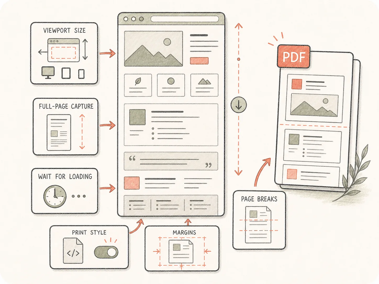 HTML to PDF capture controls showing viewport, full page, wait time, and pagination notes beside a web page.