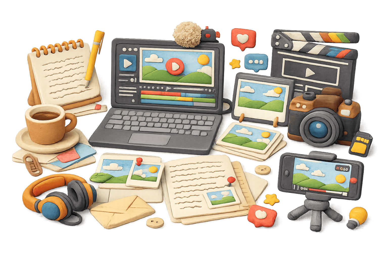 Illustration of source materials being prepared for an Instagram Reel transcription workflow.