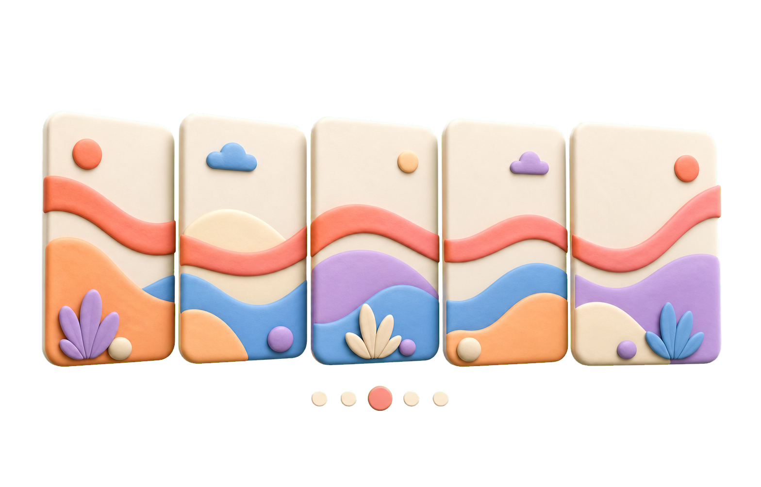 Five clay-style Instagram carousel slides connected by a continuous coral wave on a transparent background.