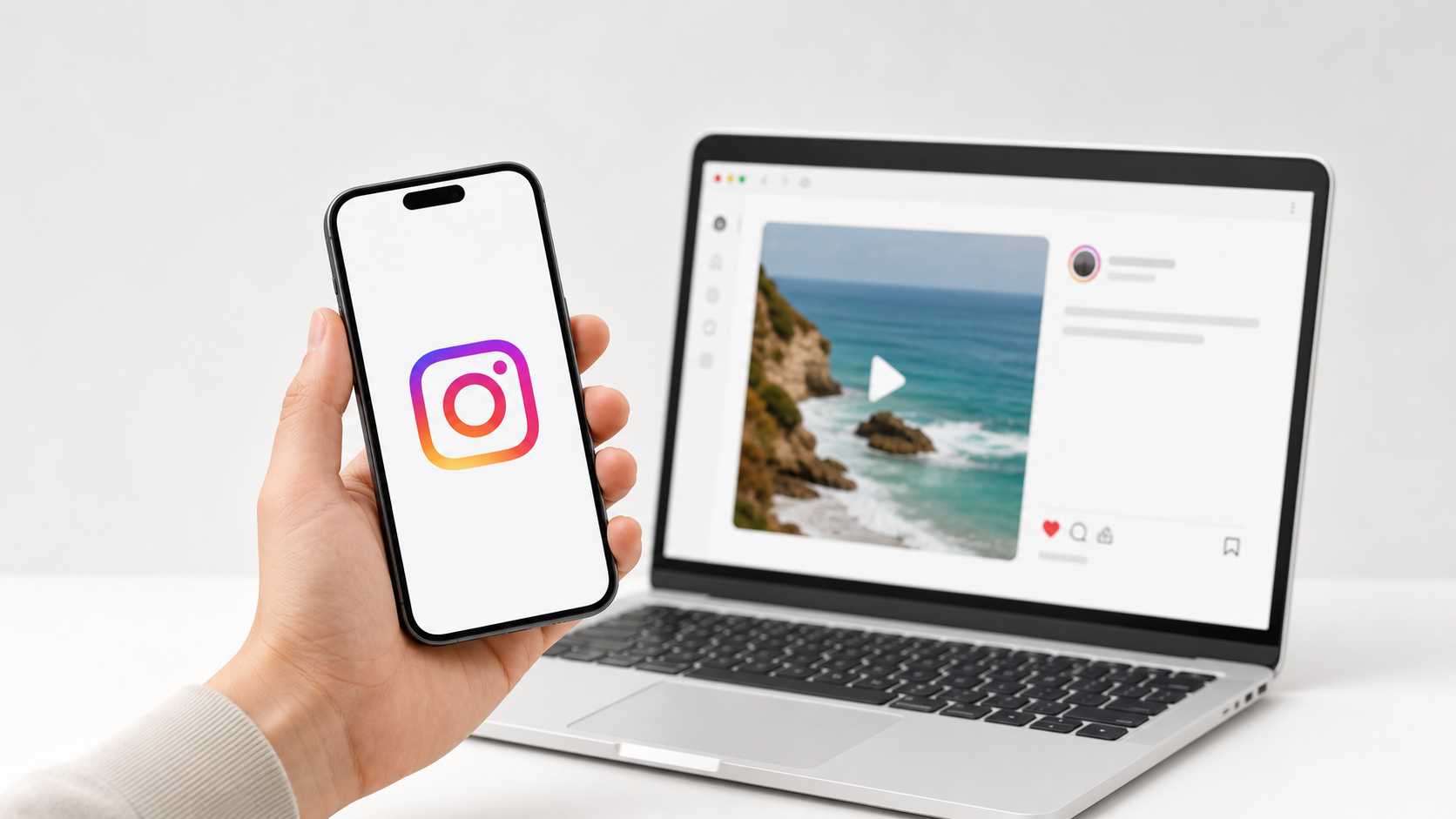A hand holding a phone with the Instagram logo, with a laptop showing an Instagram-style video post in the background.