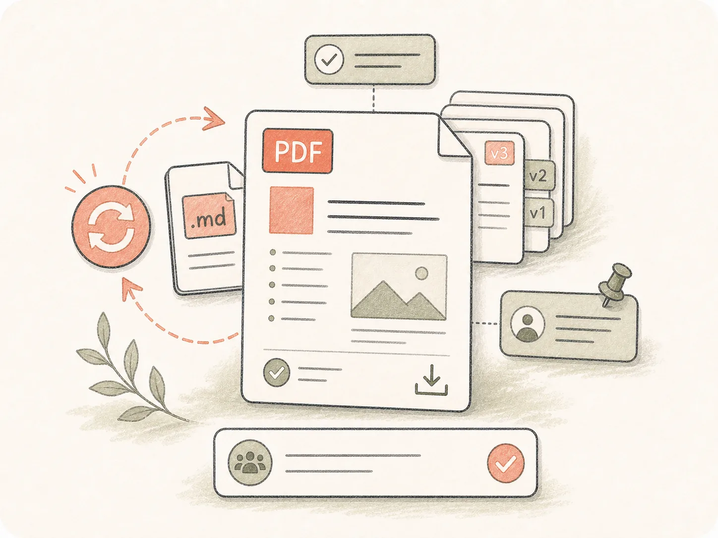 Markdown to PDF artifact scene showing a finished PDF file, comments, and a download-ready document.