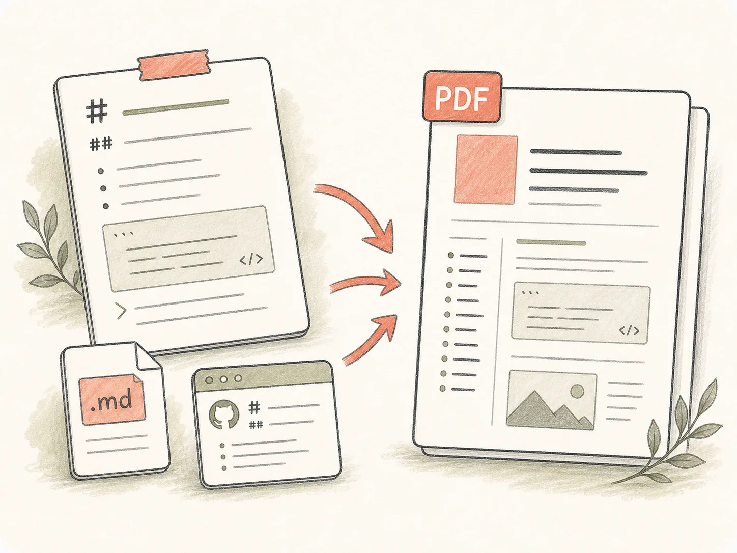 Markdown to PDF workflow showing a markdown document, formatting controls, and a generated PDF preview.