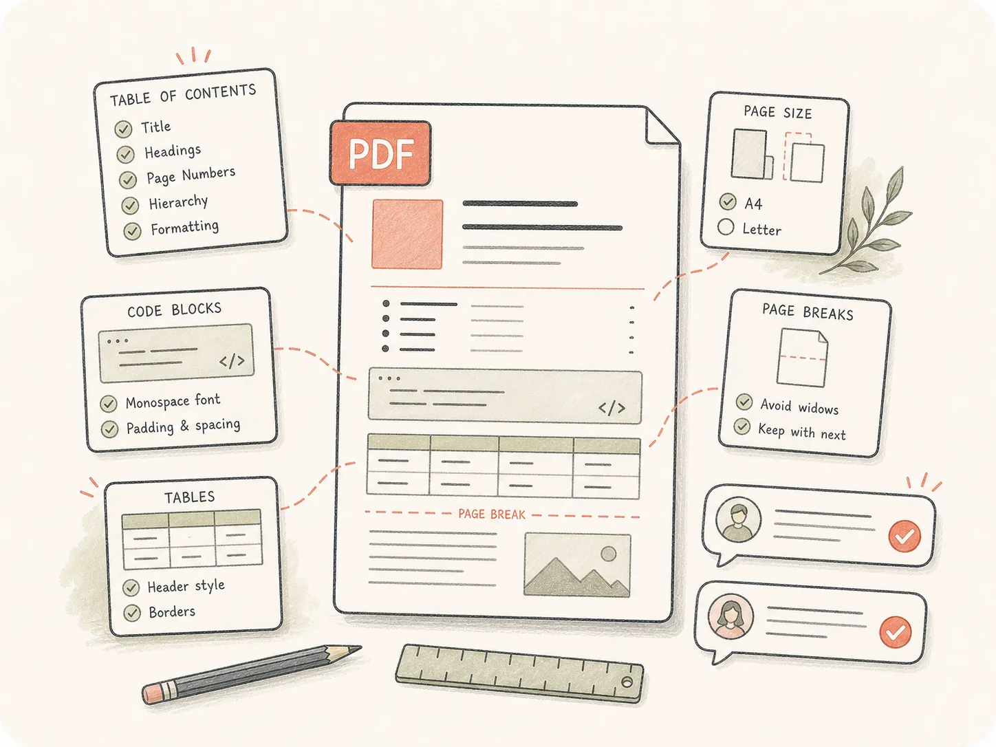 Markdown to PDF review scene showing page settings, table of contents, header and footer notes, and code block styling.