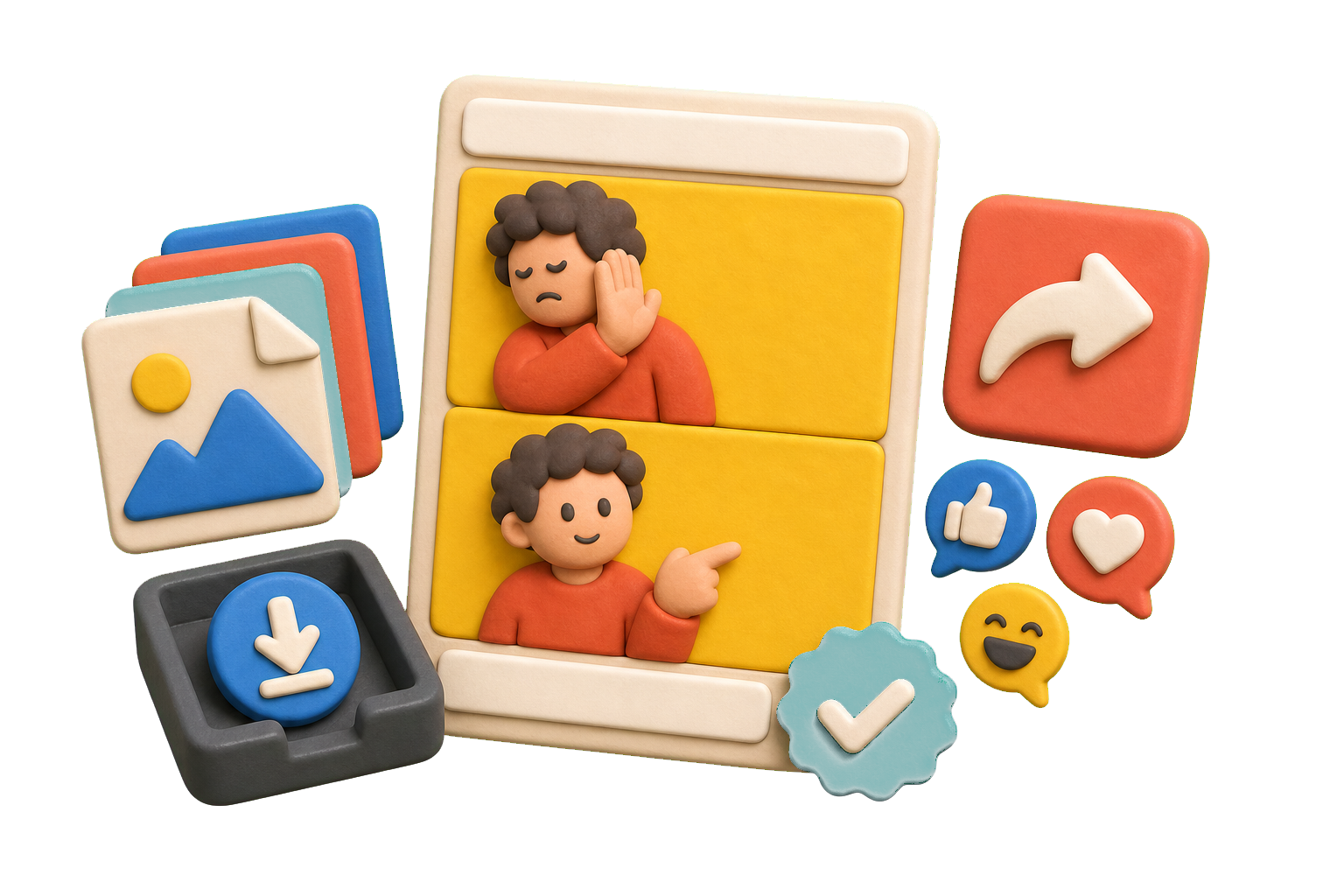 3D clay meme generator export illustration with a finished blank meme card, file tiles, share arrow, and check badge.