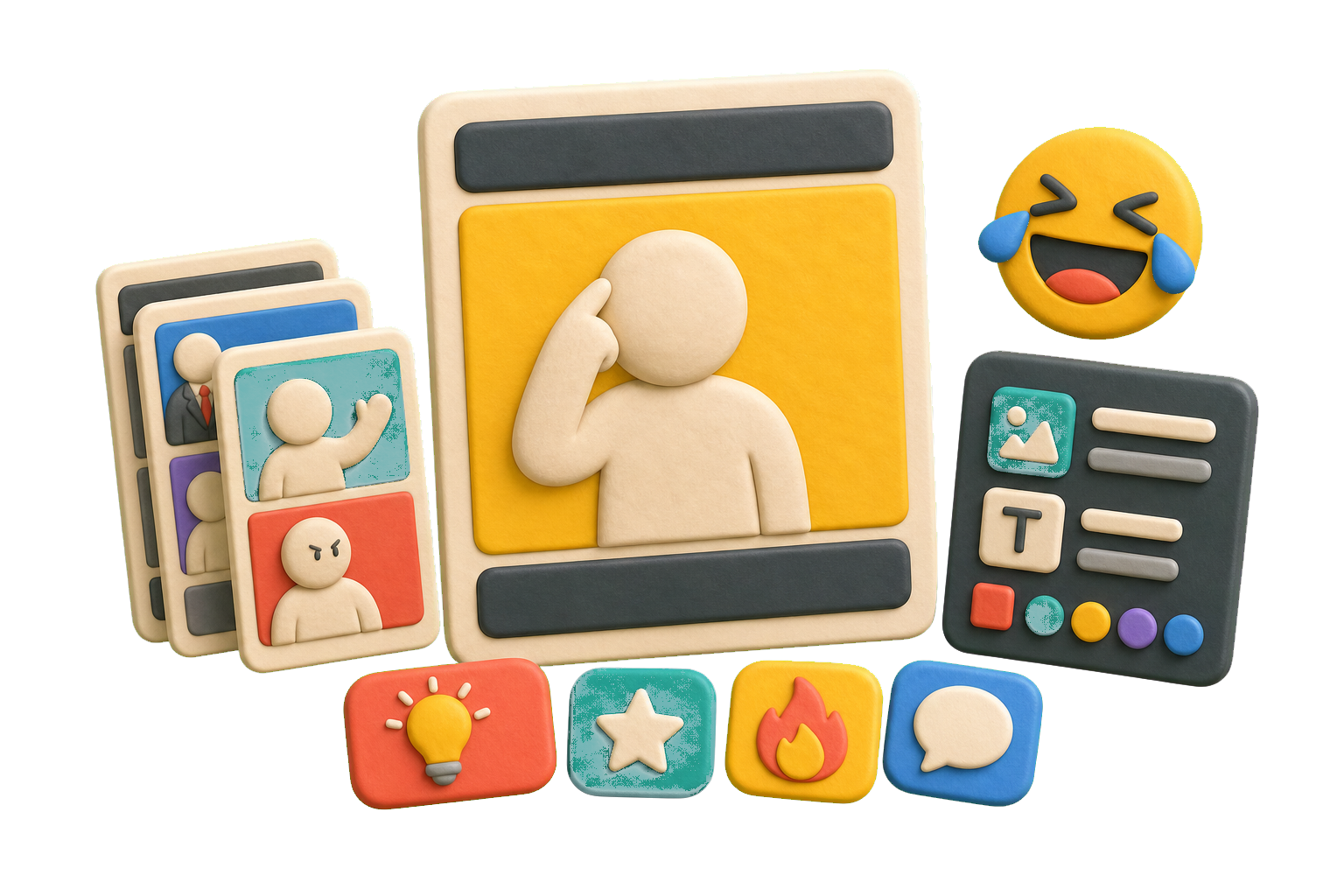 3D clay meme generator illustration with a blank meme canvas, template cards, reaction icons, and idea chips.
