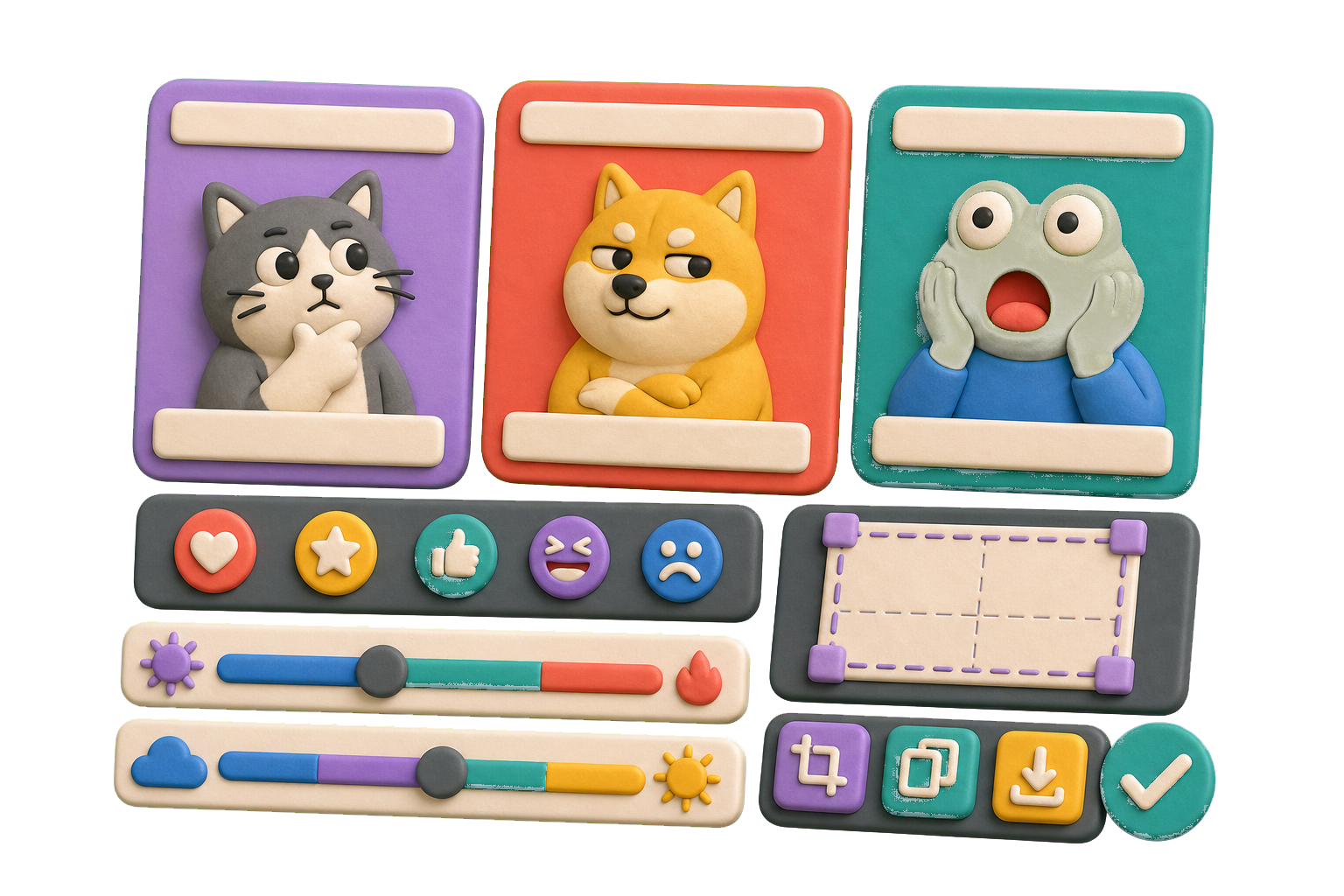 3D clay meme generator review board showing blank meme variants, tone controls, reaction badges, and approval tokens.