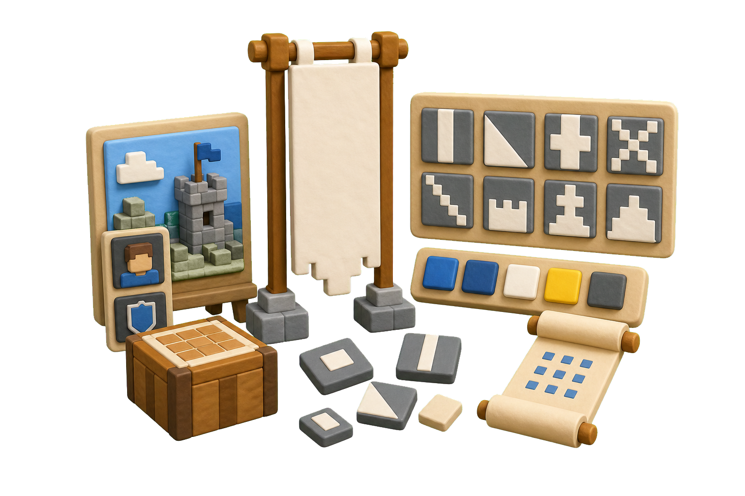 Hand-drawn AI banner maker scene with a server or channel brief, symbol sketches, color swatches, audience icons, and banner concept cards.