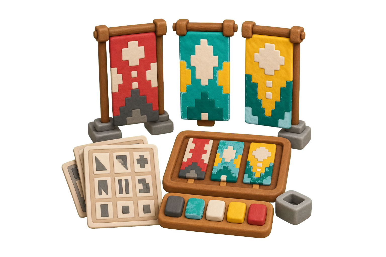 Hand-drawn AI banner maker style board with banner direction tiles, color swatches, format checks, and selected variants.