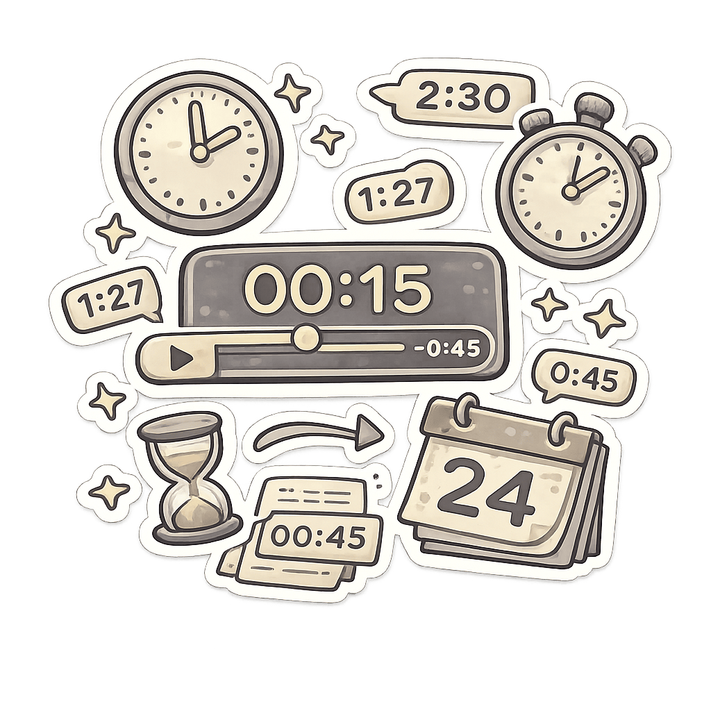 Preview of a timestamped MP3 transcript showing audio sections, speaker changes, and replay points.