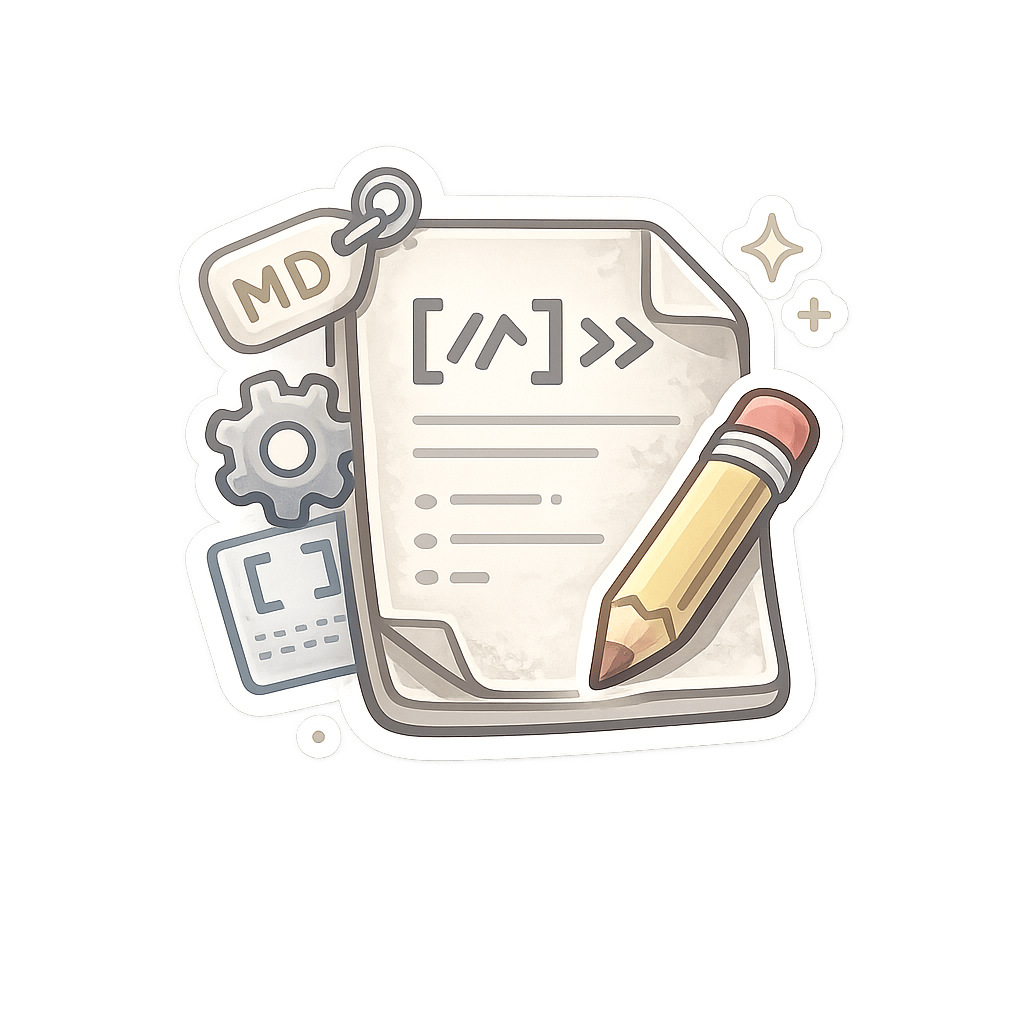 PDF to Markdown illustration showing an MD-labeled Markdown document with code marks and list content.
