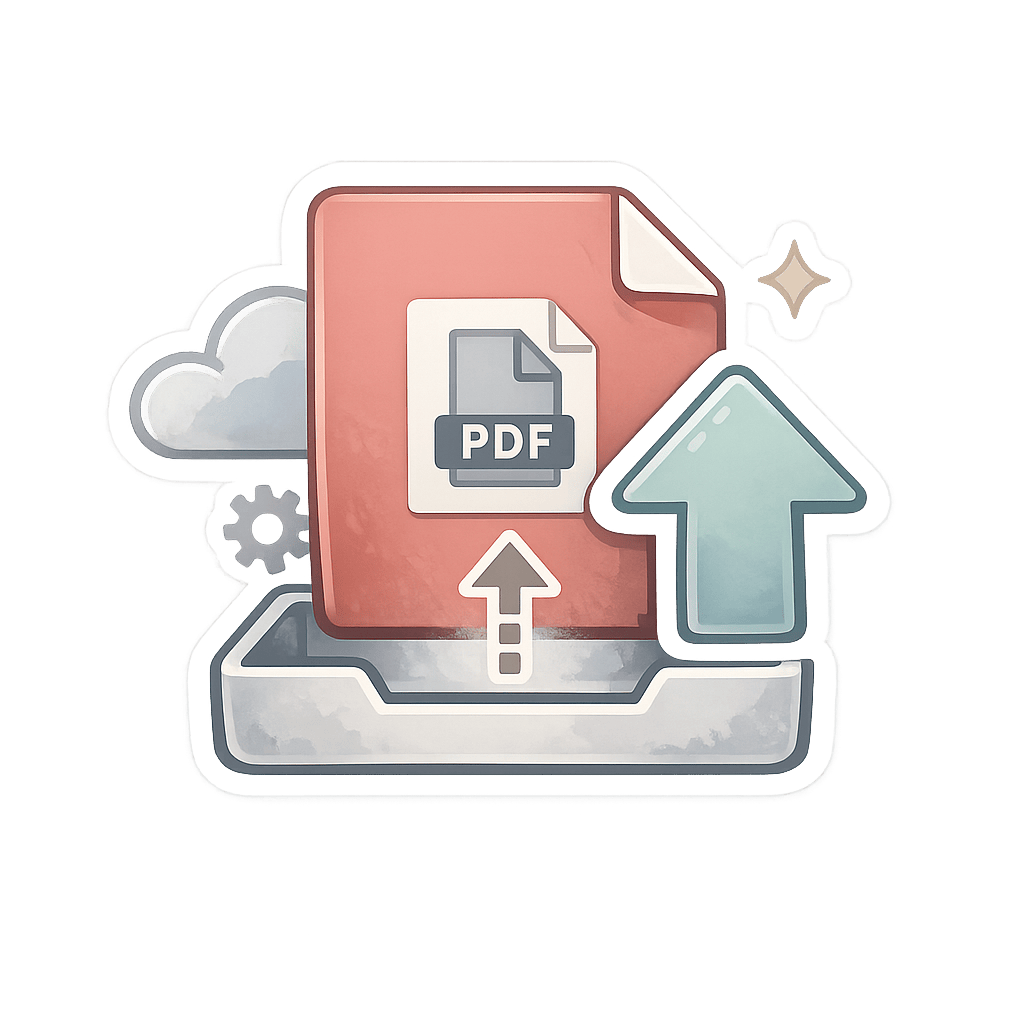 PDF to Markdown illustration showing a PDF file entering an upload tray for conversion.