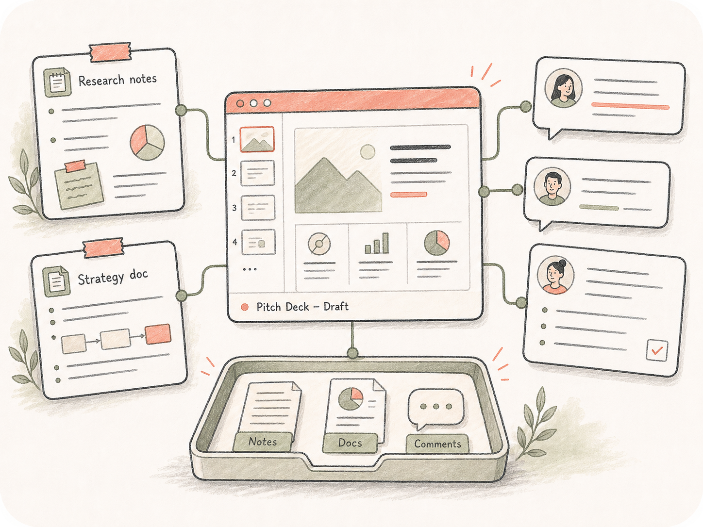 Hand-drawn pitch deck workspace showing a deck connected to research notes, strategy documents, team comments, and shared context.