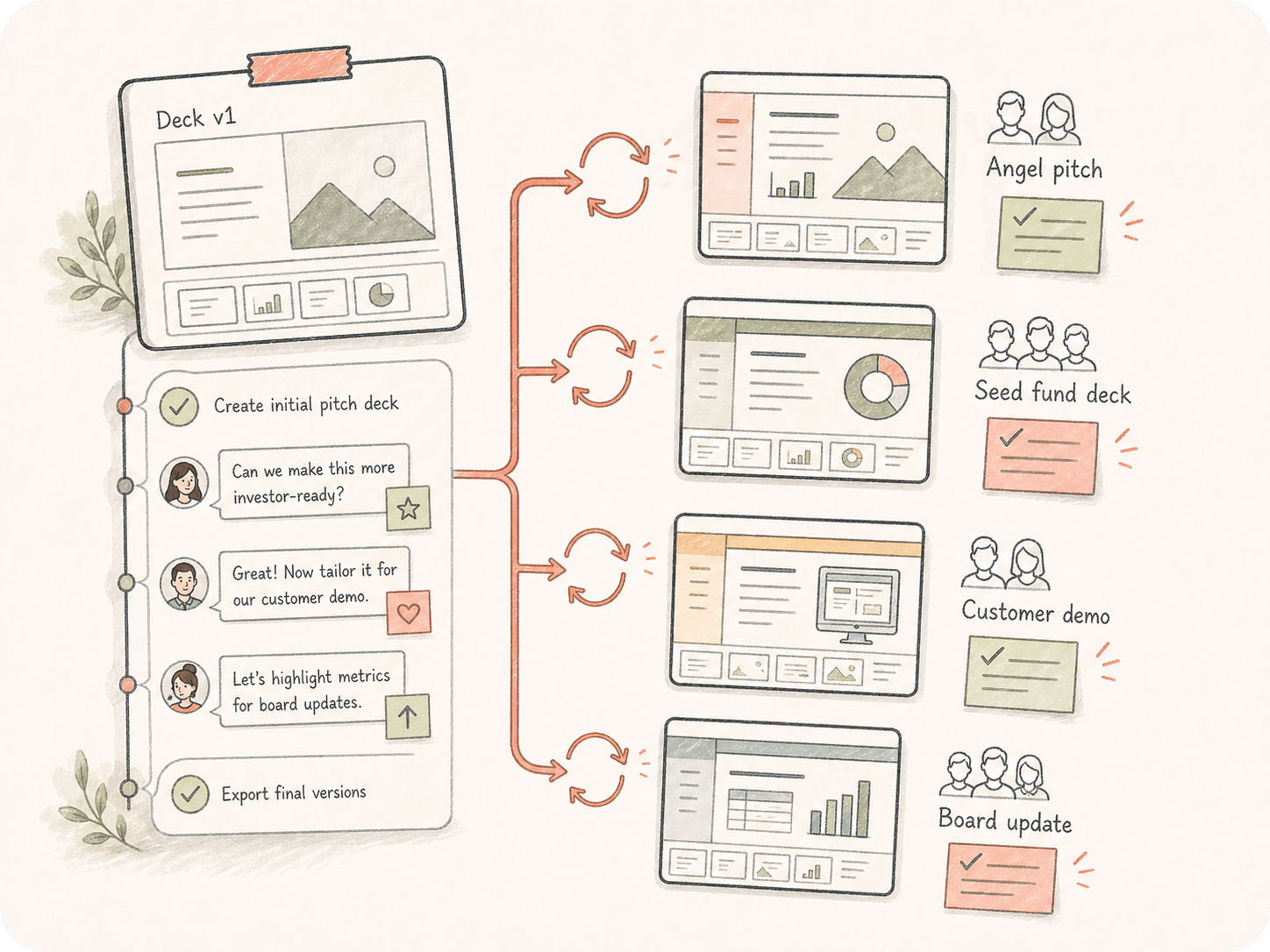 Hand-drawn pitch deck revision workflow showing one deck thread branching into investor, demo, and board update versions.
