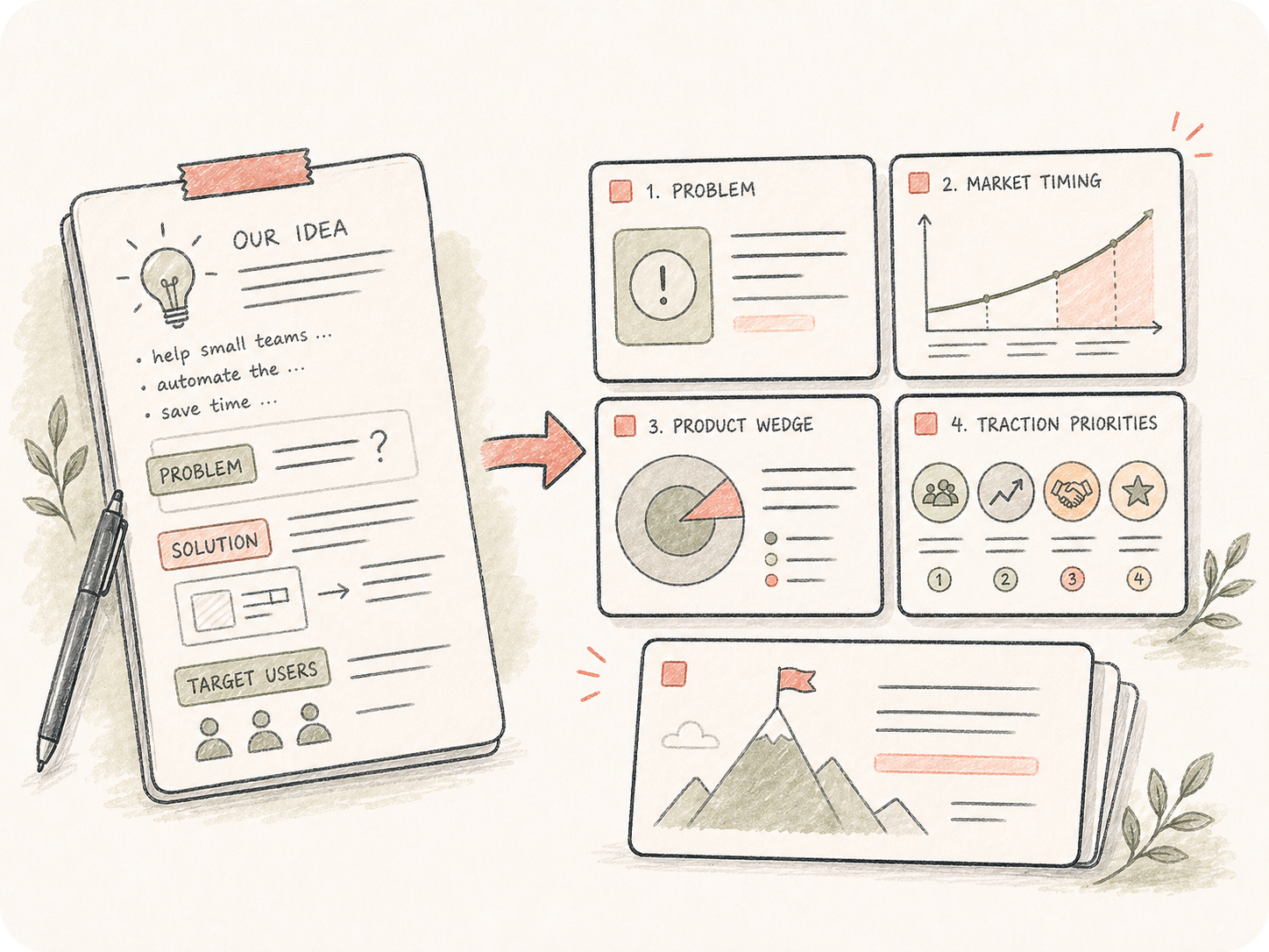 Hand-drawn AI pitch deck workflow showing a rough startup idea becoming investor story slides, market timing, product wedge, and traction notes.