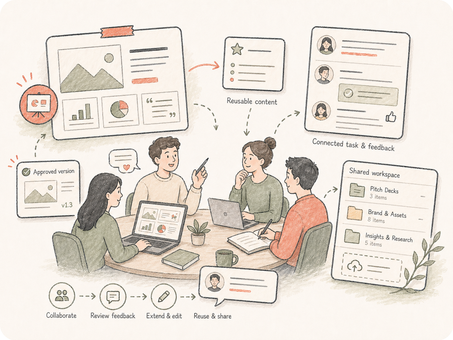 Hand-drawn pitch deck team workflow showing deck cards, reusable notes, connected task threads, and an approved version marker.
