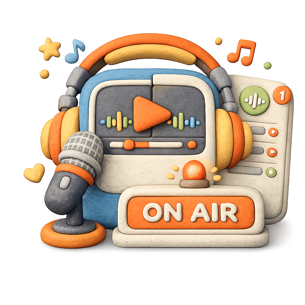 Hand-drawn podcast episode parsing illustration with a public episode URL, phone player, audio waveform, server stack, and timestamped transcript list.