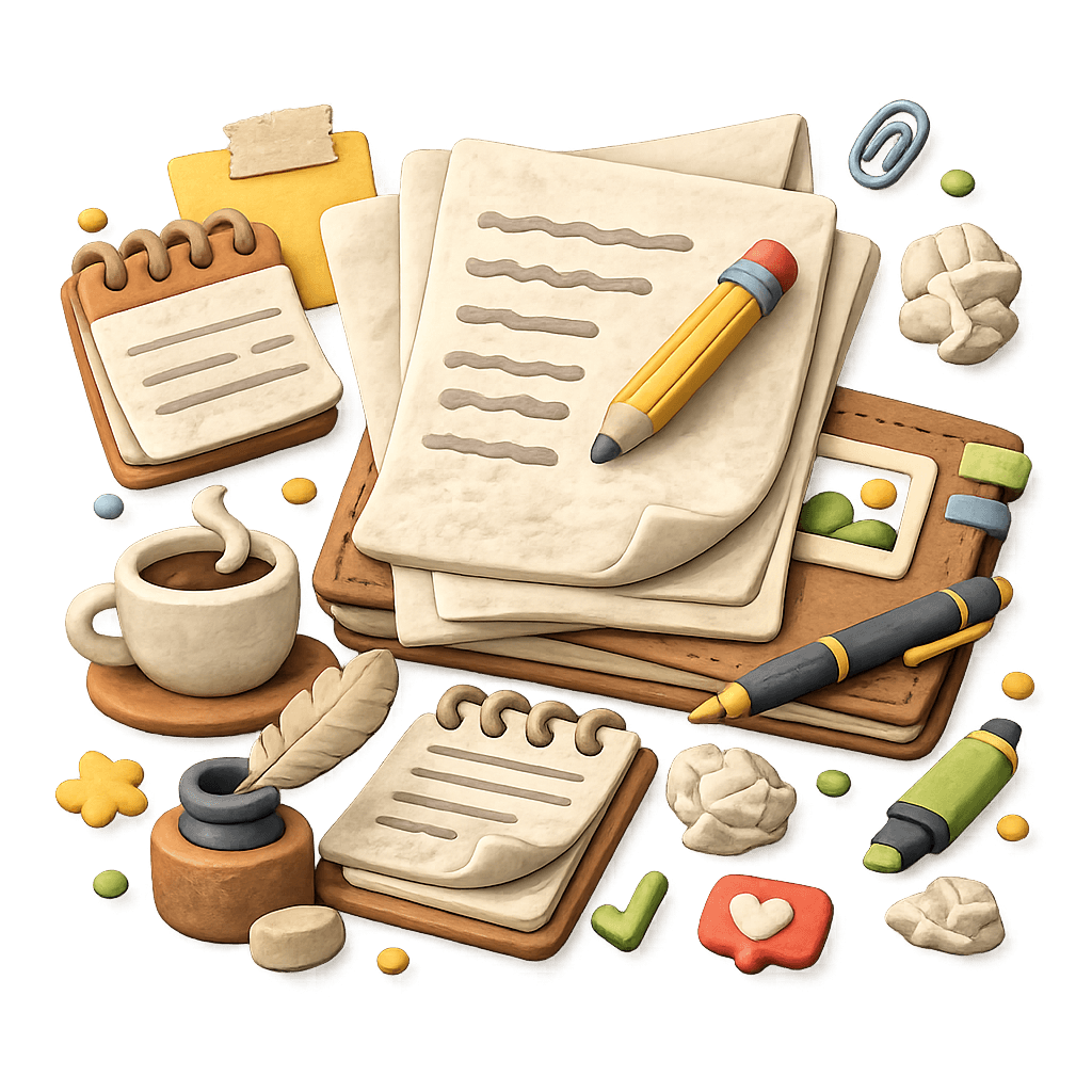 Hand-drawn podcast transcript publishing illustration with a checklist, megaphone, laptop, phone, content cards, and export-ready notes.