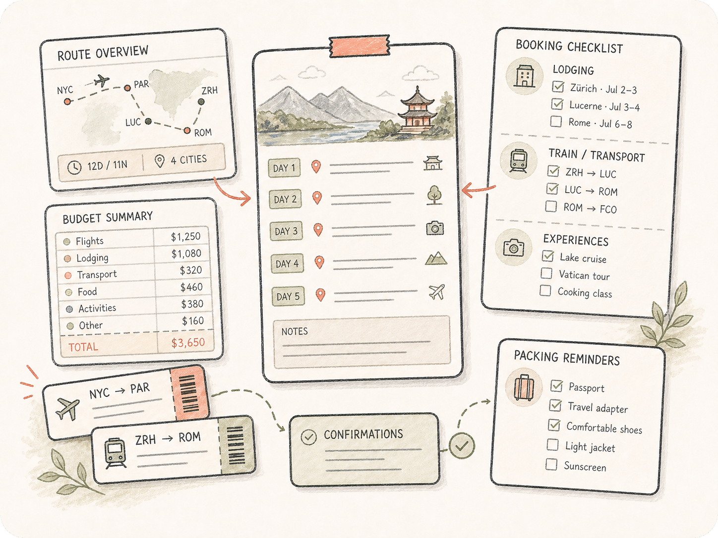 Hand-drawn travel planning checklist showing route cards, budget ledger, hotel and train bookings, ticket icons, and packing reminders.
