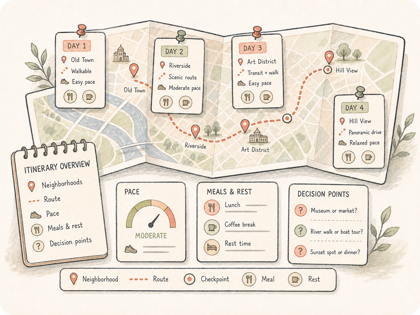 Hand-drawn AI travel planner itinerary showing a route map, day cards, pace meter, meal and rest icons, and decision checkpoints.