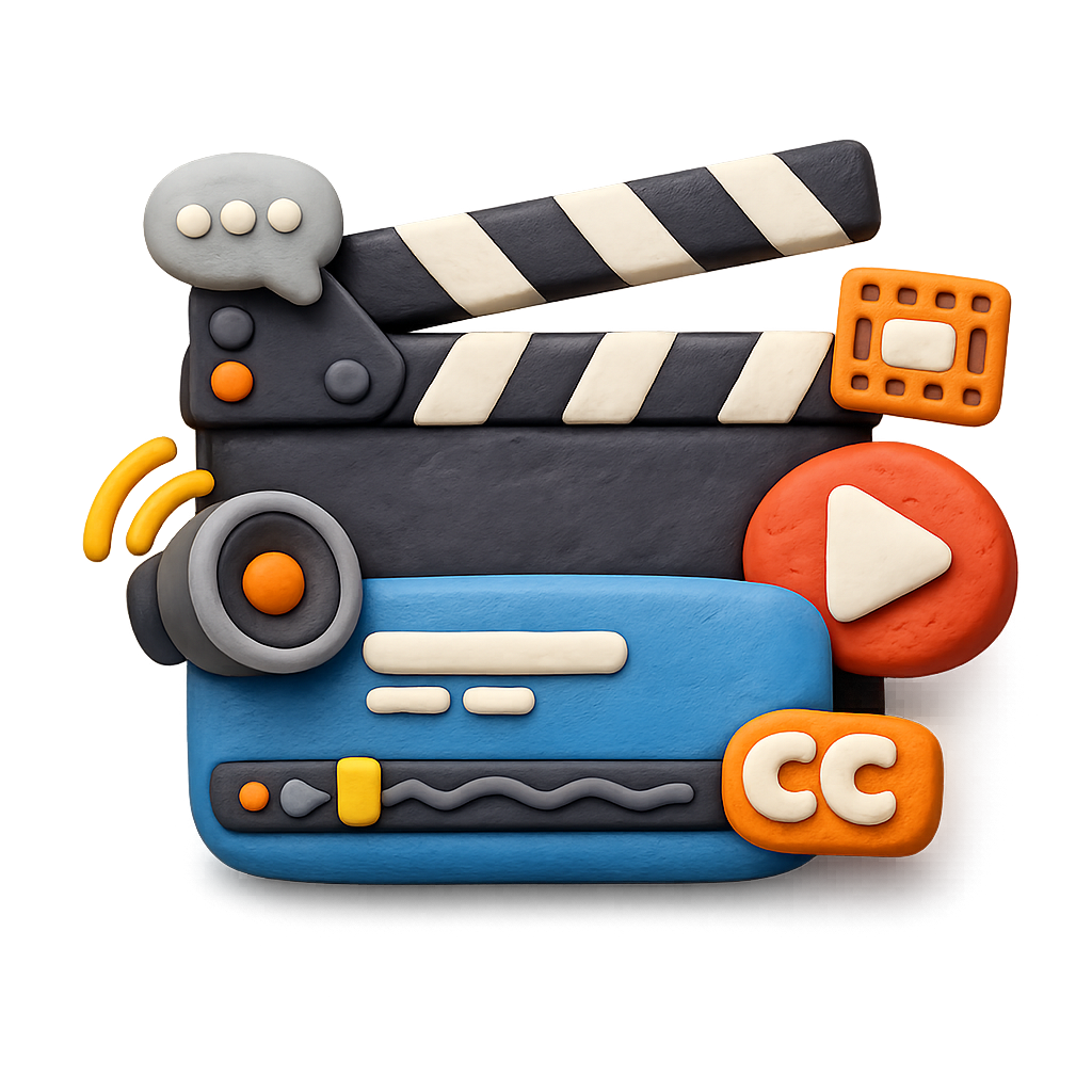 Hand-drawn caption editing screen with voiceover lines, subtitles, and timeline clips.