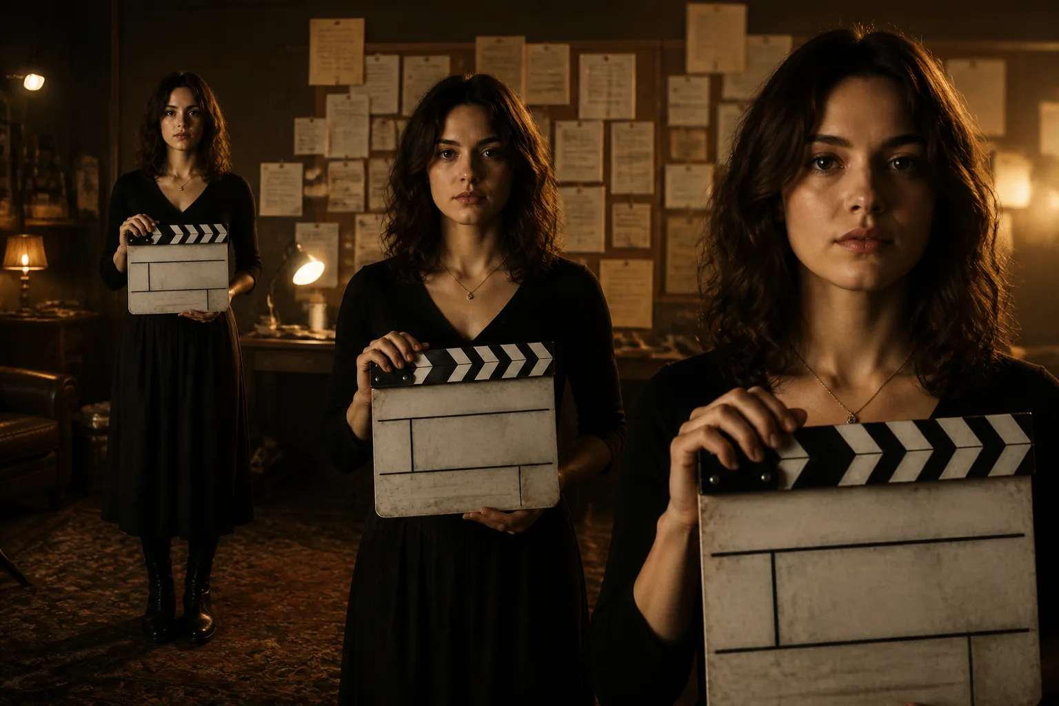 Three film cards followed by three conversational instruction bubbles.