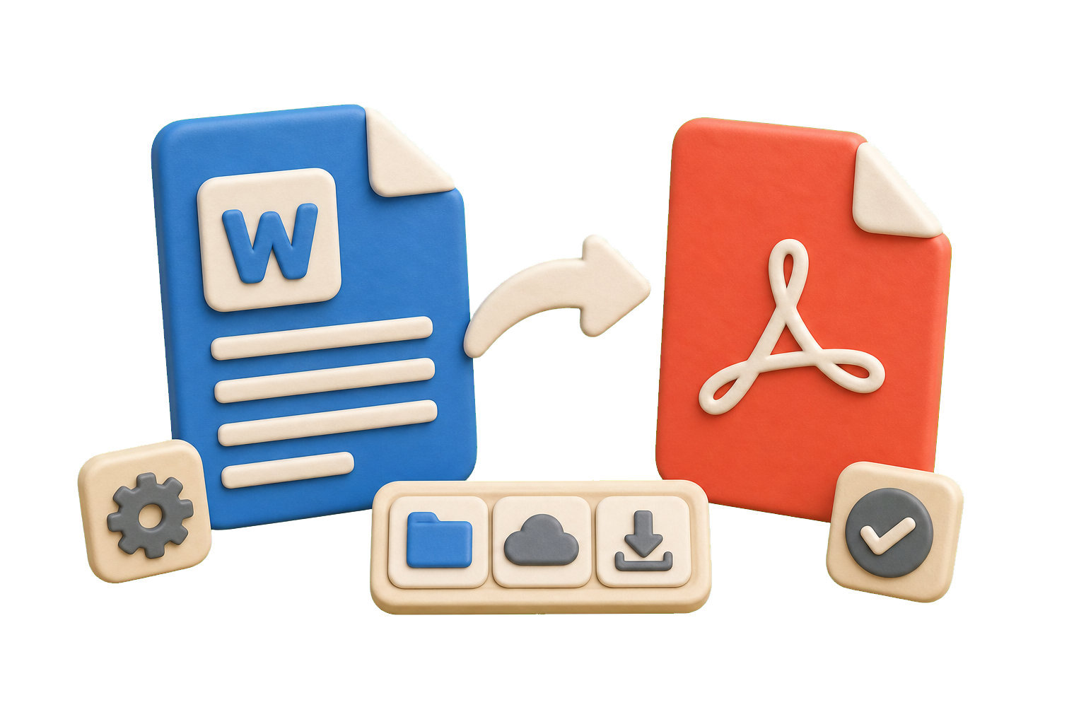 3D clay Word to PDF illustration showing a Word document converting into a PDF file.