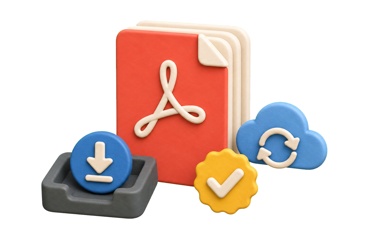 3D clay Word to PDF illustration showing a finished downloadable PDF file.