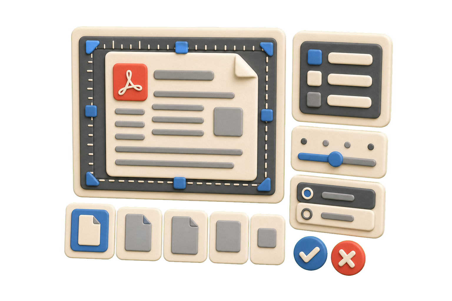 3D clay Word to PDF illustration showing document review before PDF export.